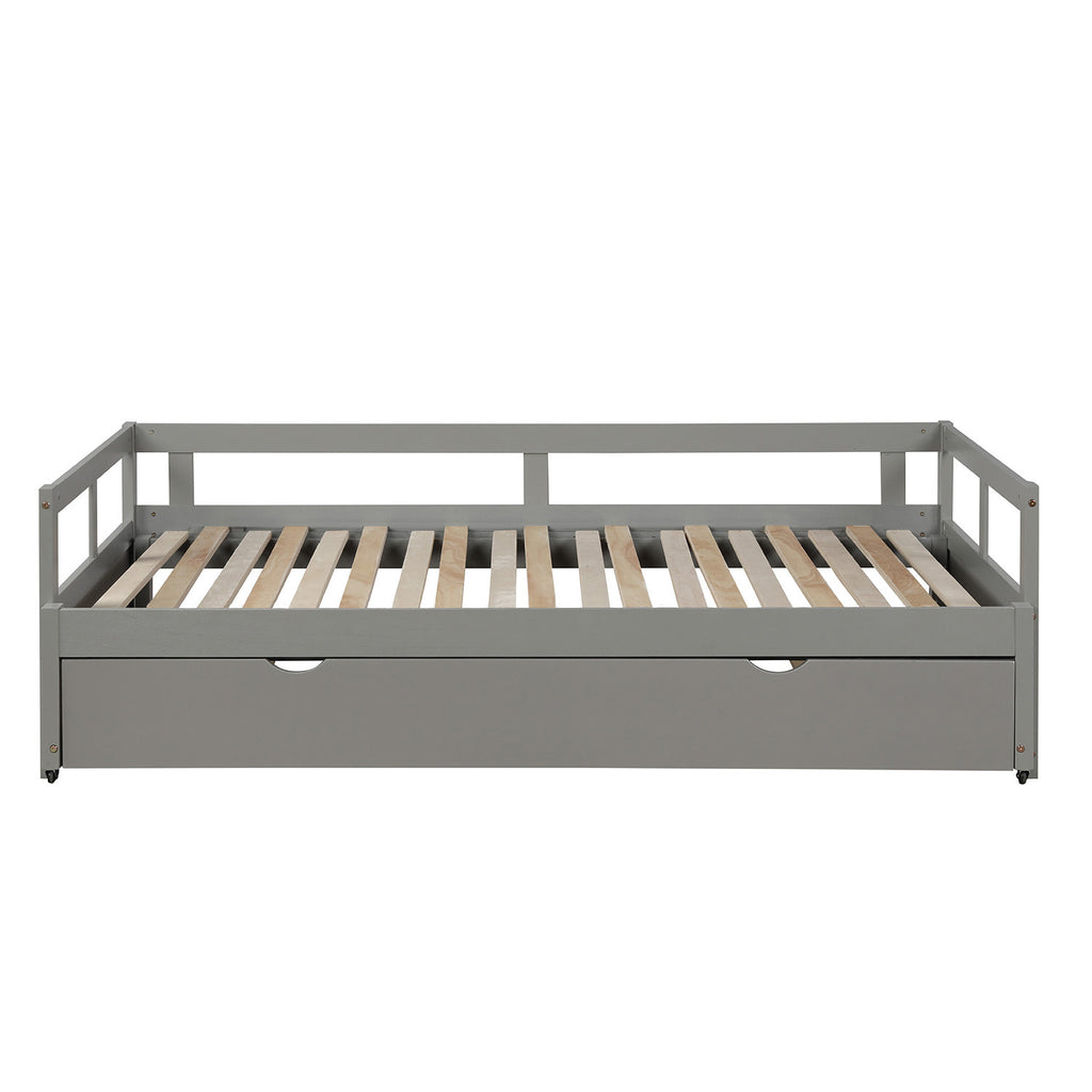 Contemporary Wooden Daybed with Trundle, Space-Saving Gray Twin to King Size Bed