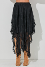 Black Lace Cascading Tiered High Waist Maxi Skirt- Women