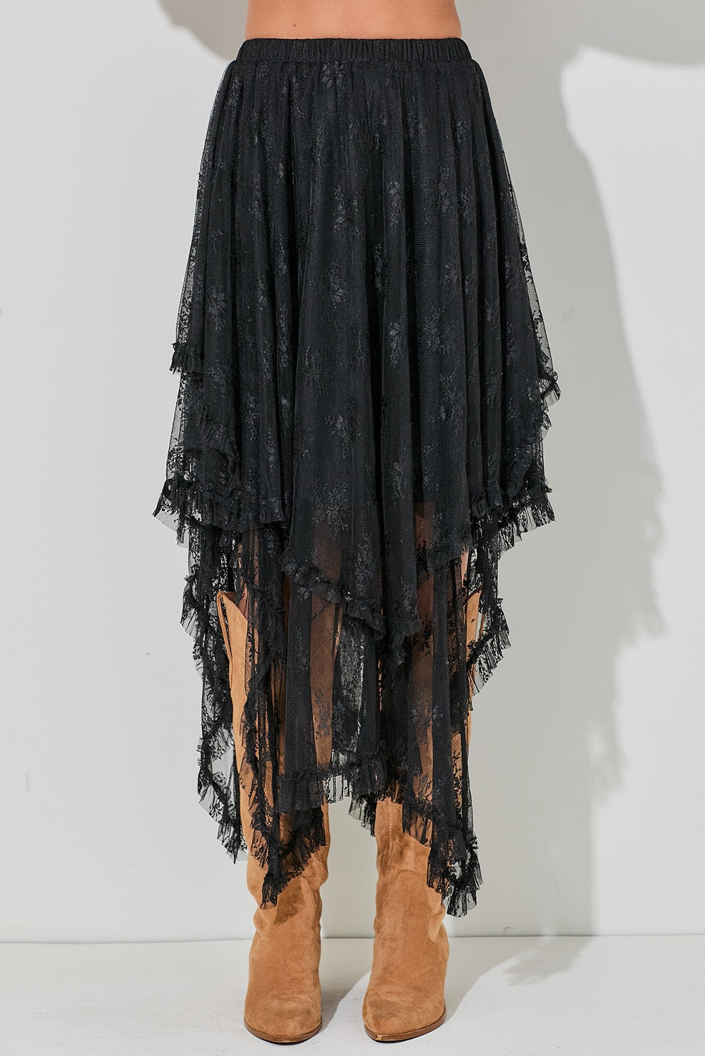 Black Lace Cascading Tiered High Waist Maxi Skirt- Women