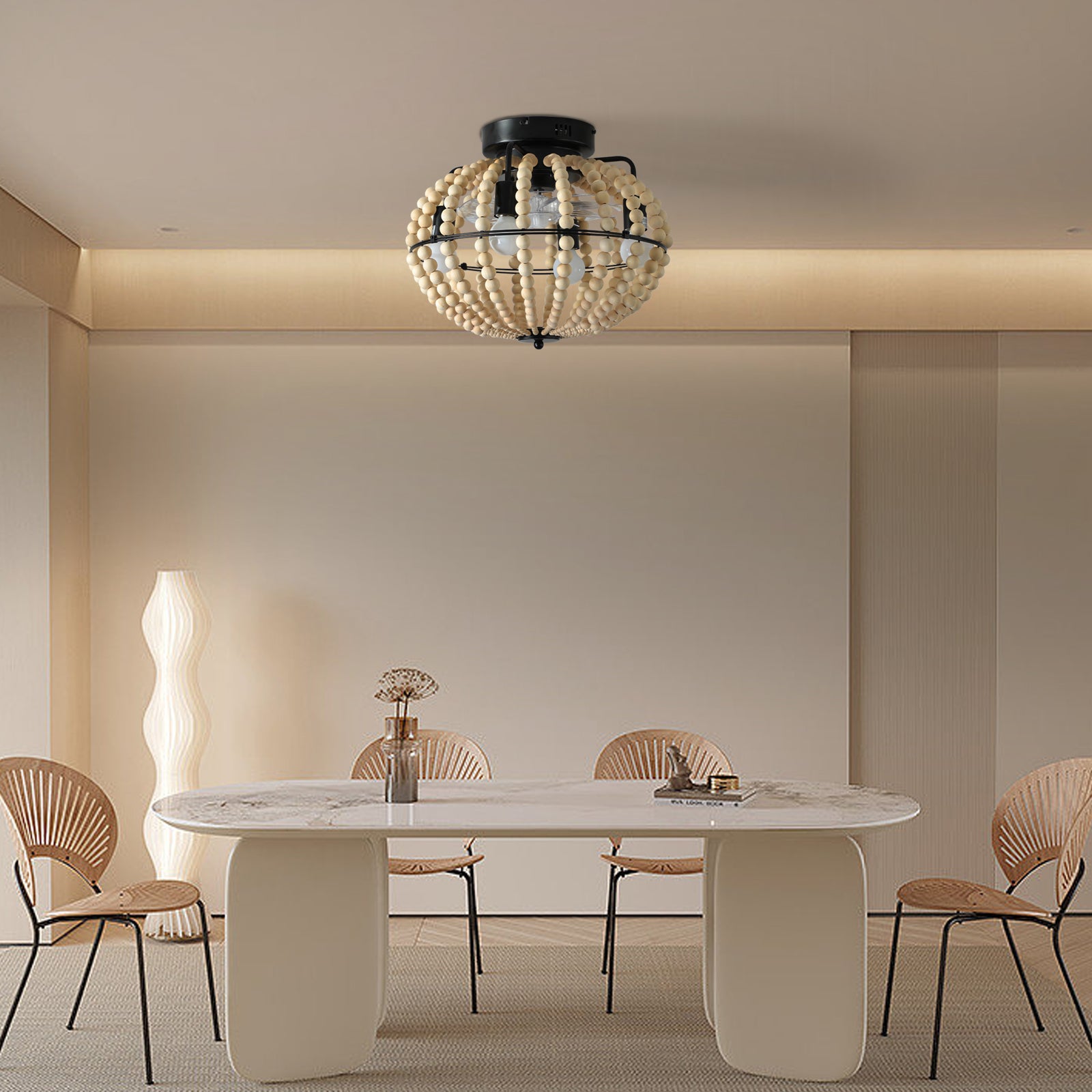 18' Bohemian Wood Beaded Ceiling Fan with Light, Flush Mount Caged Ceiling Fan, Rustic Farmhouse Low Profile Fan Light Fixture for Indoor Home Decor (Silent/6-Speed/Reversible/DC Motor) (No Bulbs)