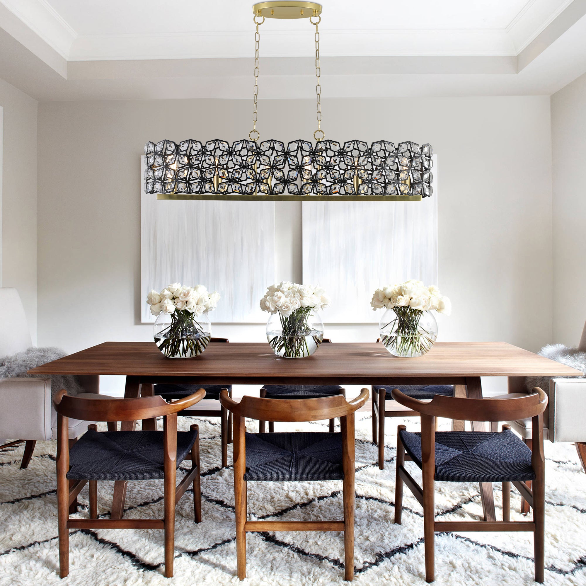 39' Contemporary Crystal and BlackGold Pendant Chandelier – Geometric Modern Light Fixture for Dining Room, Kitchen, or Living Room (Bulb Not Included)