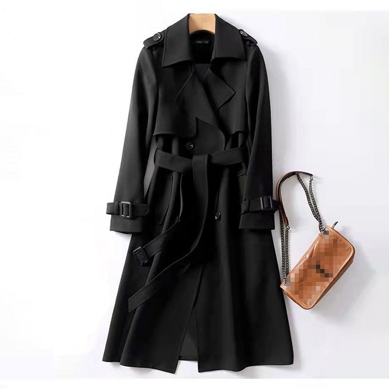 Women's Classic Trench Coat, Solid Color Long Sleeve Belted Mid-Length Jacket With Button Detail For Spring And Fall Black
