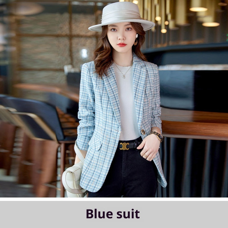 Casual Plaid Autumn Western Style Women's Clothing Long Coat Blue