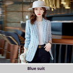 Casual Plaid Autumn Western Style Women's Clothing Long Coat Blue