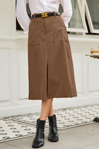 Coffee Front Slit Shift High Waist Midi Skirt- Women