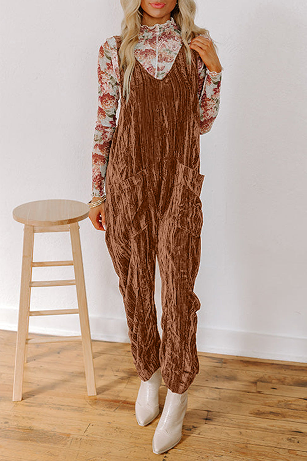 Chicory Coffee Velvet Adjustable Straps Patched Pocket Sleeveless Jumpsuit- Women Chicory Coffee 100%Polyester