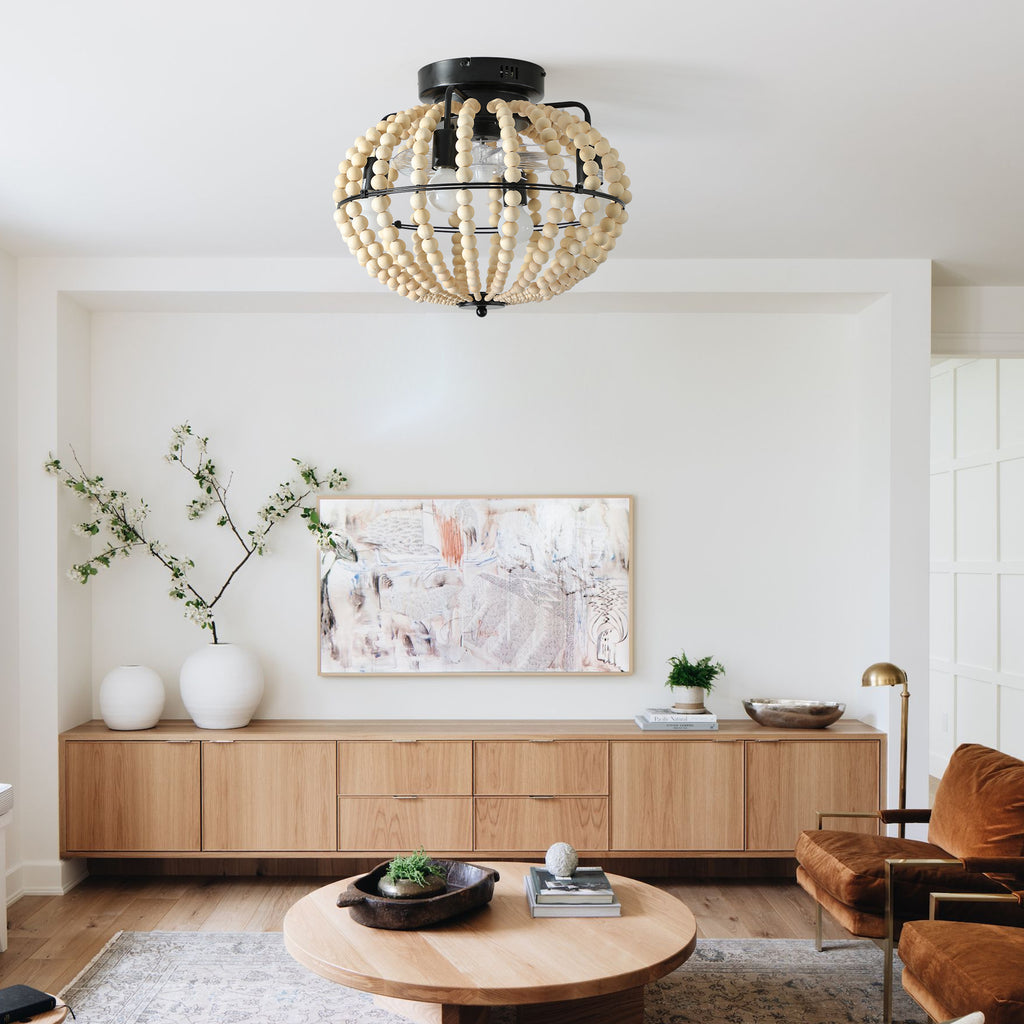 18' Bohemian Wood Beaded Ceiling Fan with Light, Flush Mount Caged Ceiling Fan, Rustic Farmhouse Low Profile Fan Light Fixture for Indoor Home Decor (Silent/6-Speed/Reversible/DC Motor) (No Bulbs)