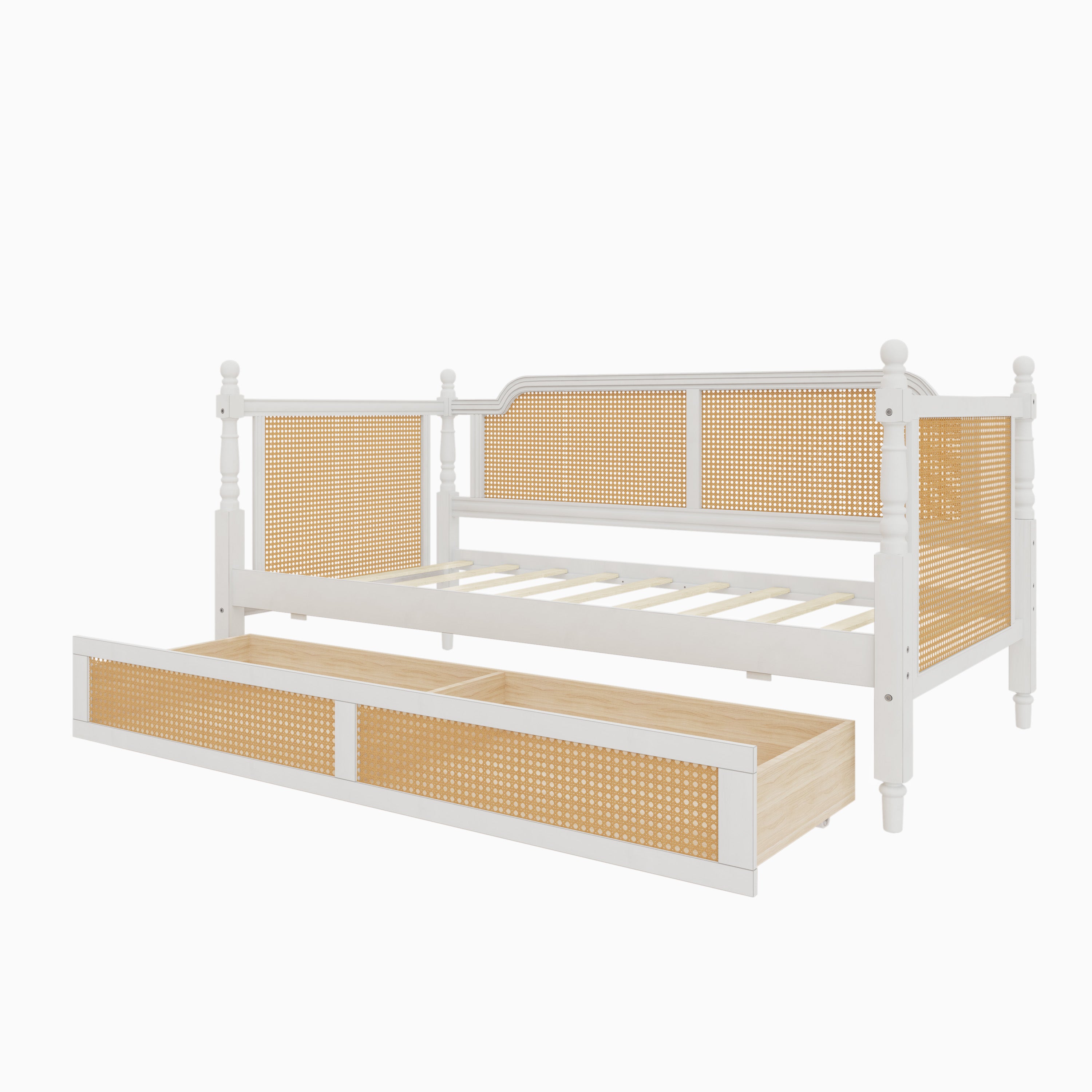 Traditional Style Rattan Twin Size Daybed with 2 Drawers, Antique White, Solid Pine Wood & MDF