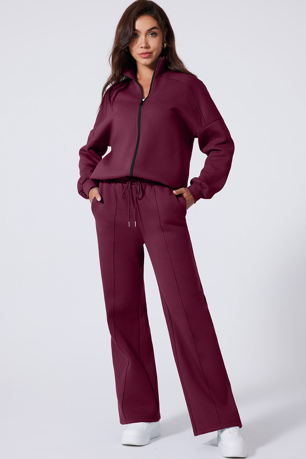 Burgundy Drop Shoulder Zip Up Jacket Drawstring Pants Active 2pcs Set- Women