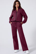 Burgundy Drop Shoulder Zip Up Jacket Drawstring Pants Active 2pcs Set- Women