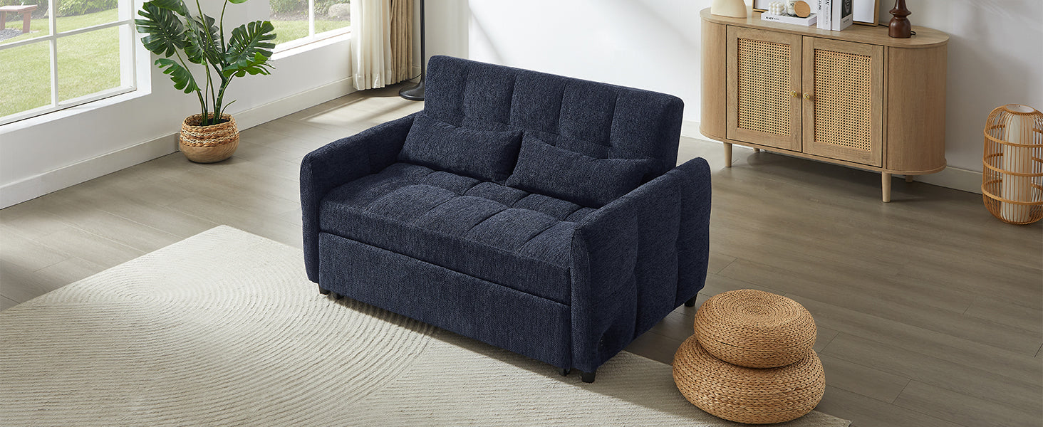 Modern Loveseat Sofa Pull-out Bed with Adjustable Backrest, USB Ports, Lumbar Pillows, Blue Chenille, 52.8'