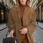Women's Suede-Look Blazer Jacket, Classic V-Notch Lapel Button Front Coat, Machine Washable Versatile Casual Jacket Brown