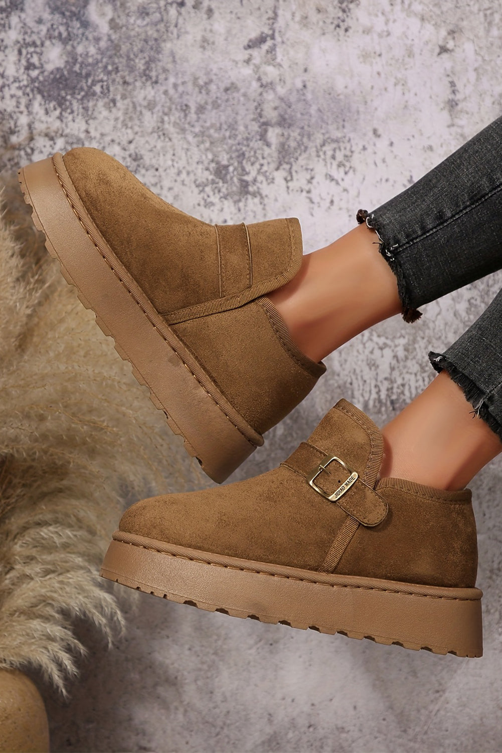 Coffee Buckle Detail Round Toe Platform Cozy Winter Boots- Women