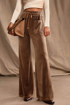 Coffee Straight Loose Drawstring Elastic High Waist Fleece Pants- Women