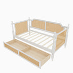 Traditional Style Rattan Twin Size Daybed with 2 Drawers, Antique White, Solid Pine Wood & MDF Default