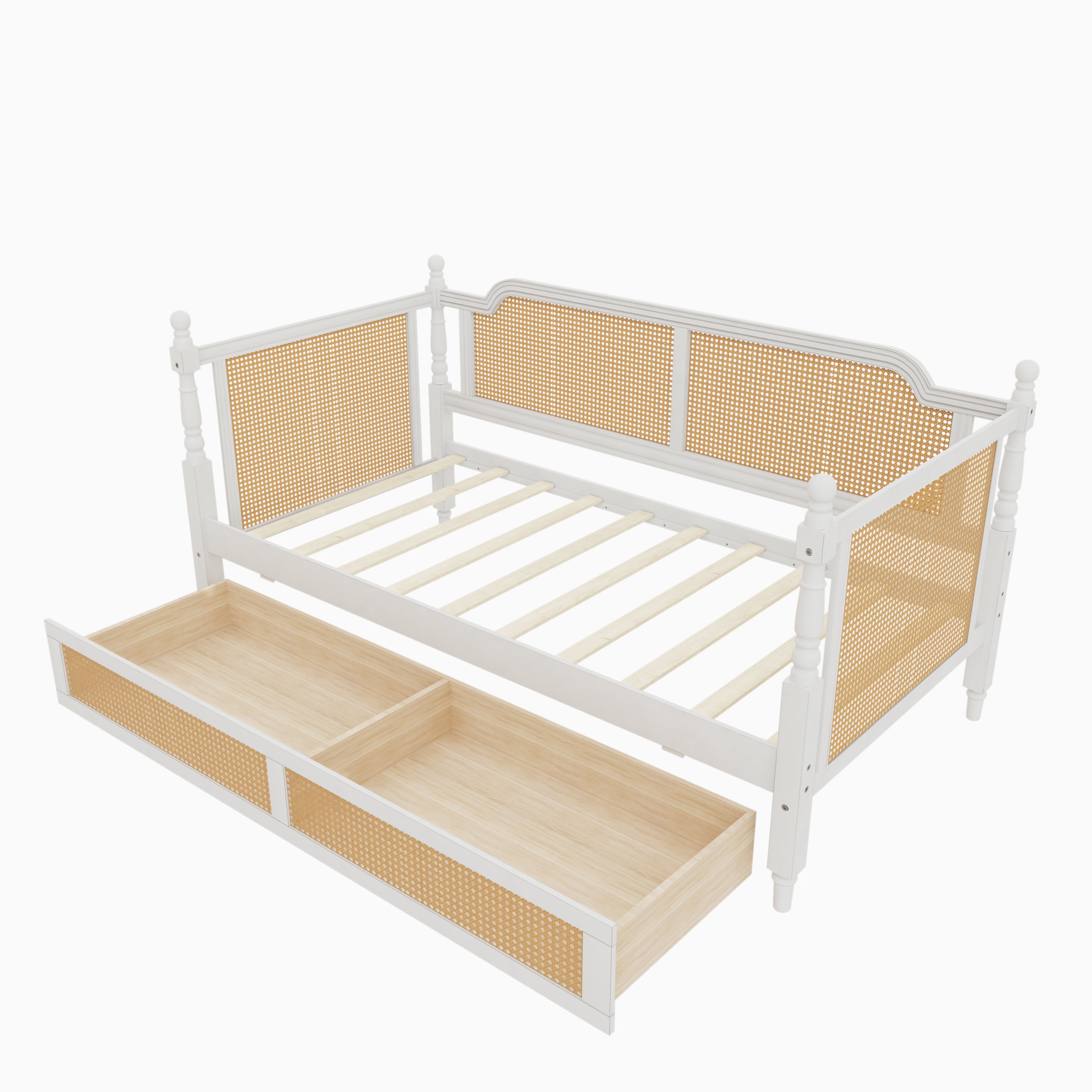 Traditional Style Rattan Twin Size Daybed with 2 Drawers, Antique White, Solid Pine Wood & MDF Default