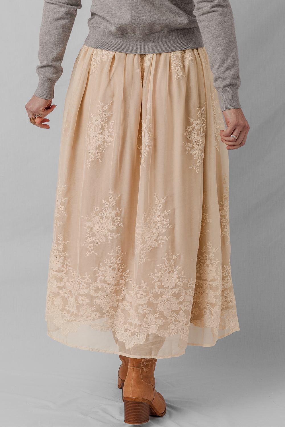 Oatmeal Embroidered Mesh Overlay Flowy Long Skirt- Women