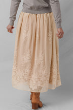Oatmeal Embroidered Mesh Overlay Flowy Long Skirt- Women