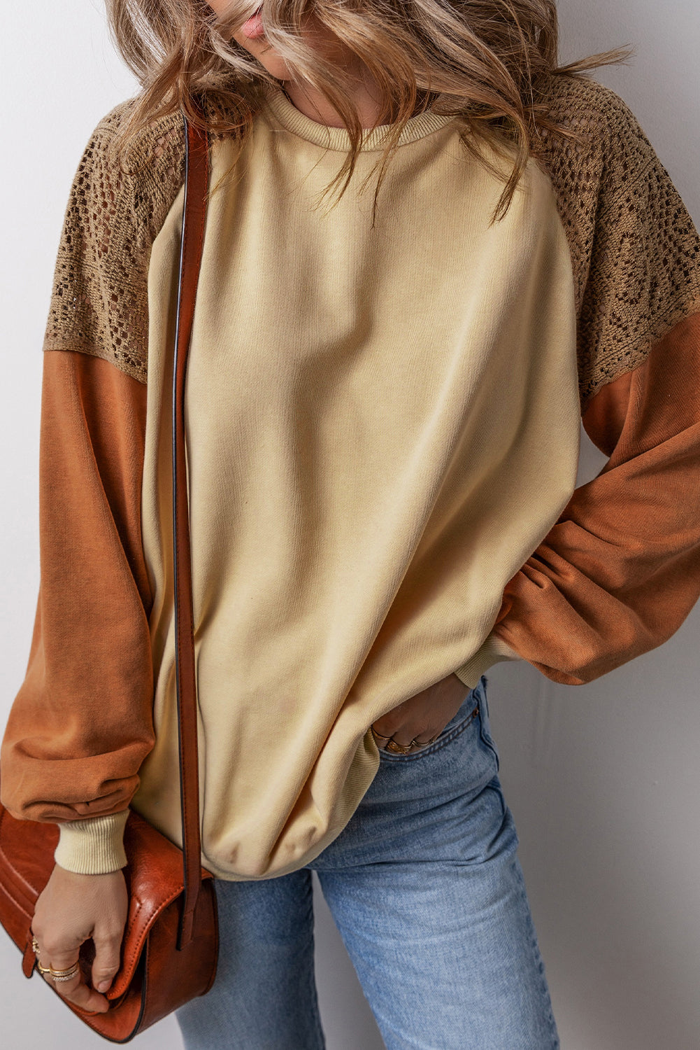 Khaki Lace Patchwork Colorblock Drop Shoulder Sweatshirt- Women