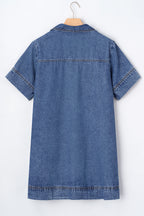 Blue Short Sleeve Collared Patched Pocket Denim Mini Dress- Women