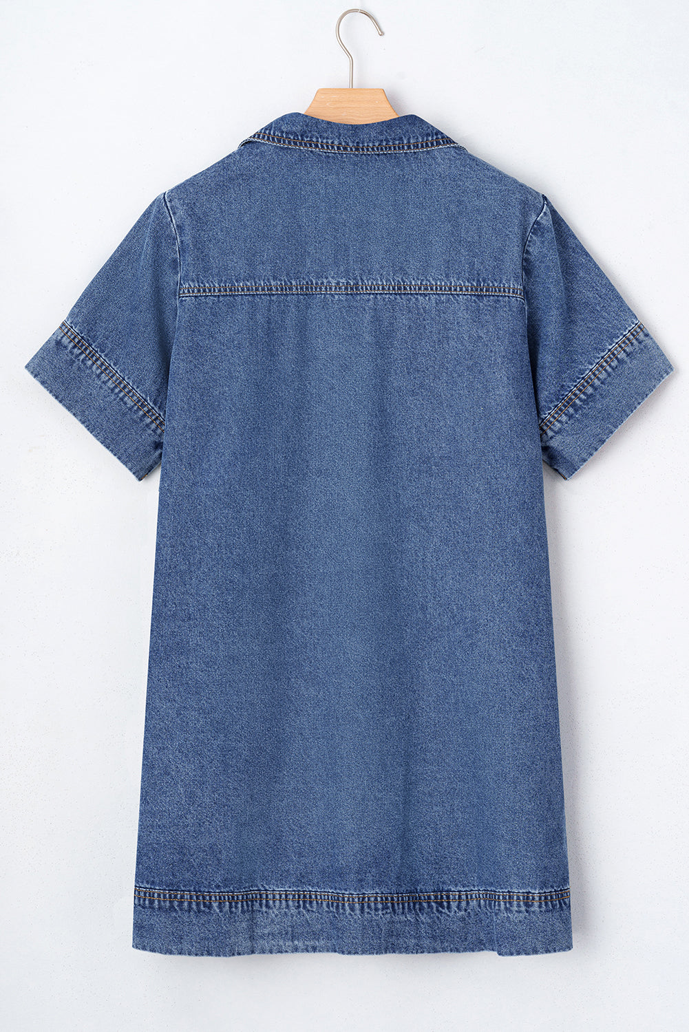 Blue Short Sleeve Collared Patched Pocket Denim Mini Dress- Women