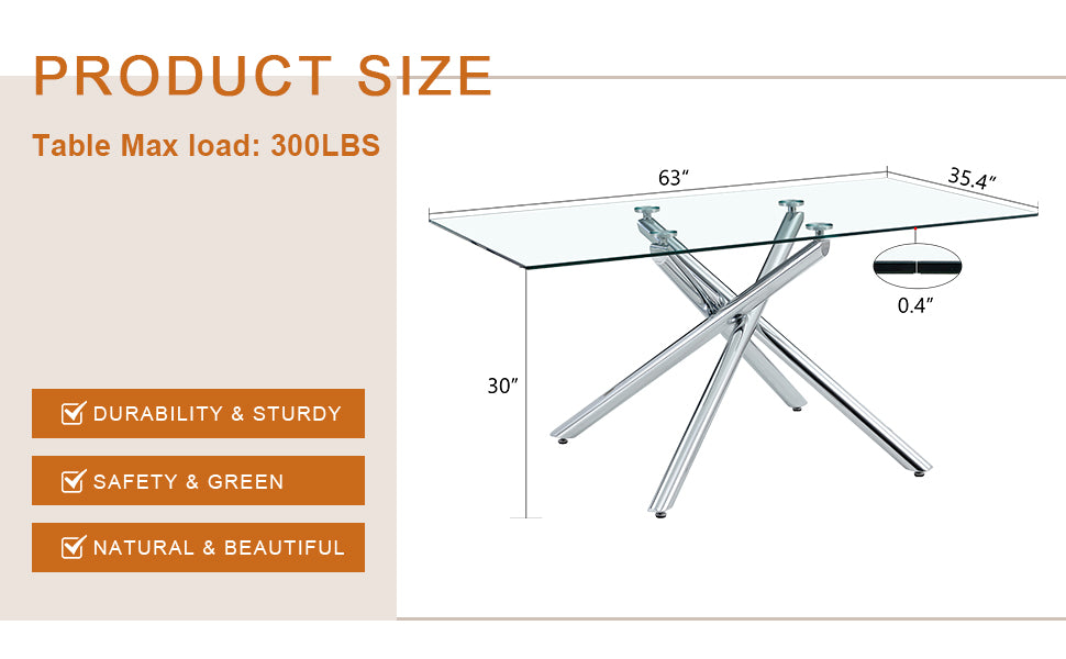 Large Modern Minimalist Rectangular Glass Dining Table with 0.39' Tempered Glass Tabletop and Silver Chrome Metal Legs, for Kitchen Dining Living Meeting Room Banquet hall,63''x35''x 29''W1151S00191