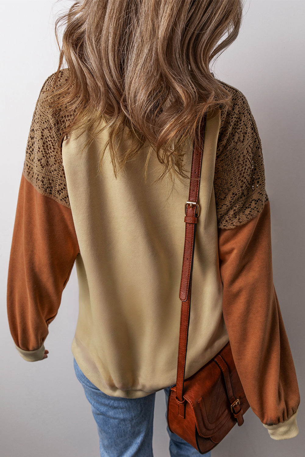 Khaki Lace Patchwork Colorblock Drop Shoulder Sweatshirt- Women