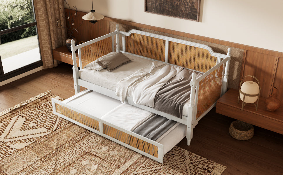 Traditional Style Rattan Twin Size Daybed with 2 Drawers, Antique White, Solid Pine Wood & MDF