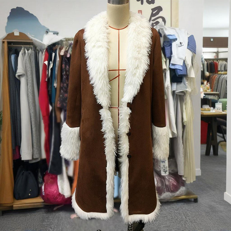 Vintage Women's Long Plush Coat With Fur Collar, Winter Warm Thick Trench Jacket For Formal & Casual