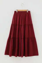 Fiery Red Black Frill Tiered Drawstring Waist Maxi Skirt- Women