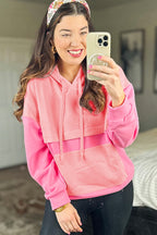 Pink Textured Color Block Kangaroo Pocket Drop Shoulder Hoodie- Women