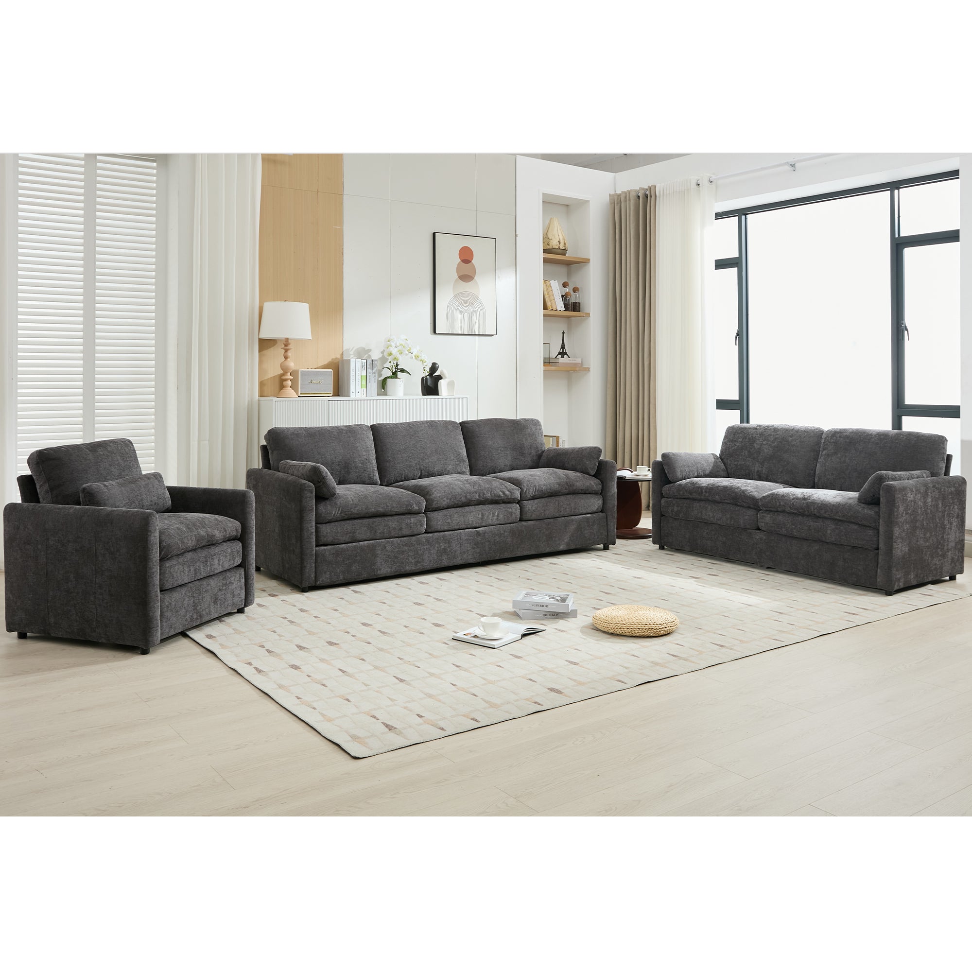 Cozy Upholstered Sofa Set Oversized Comfy Cloud Sofa Double Cushion Sofa Group Plush Cushion Sofa Couch for Living Room, Grey