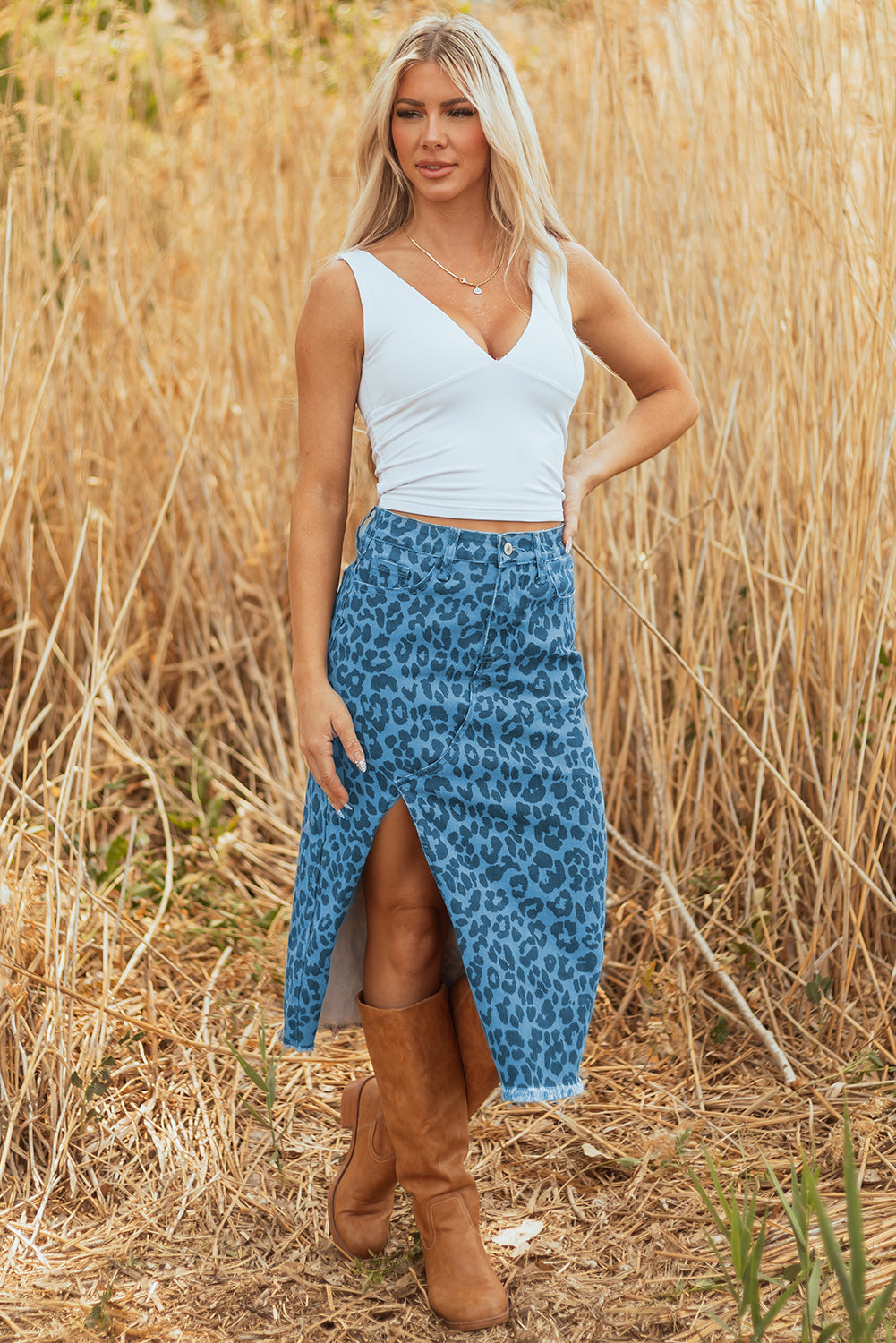 Sky Blue Leopard Denim Frayed Split Denim Midi Skirt- Women