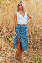 Sky Blue Leopard Denim Frayed Split Denim Midi Skirt- Women