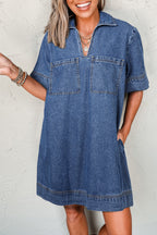 Blue Short Sleeve Collared Patched Pocket Denim Mini Dress- Women Blue 82%Cotton+10%Polyester+8%Viscose