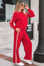 Fiery Red Varsity Striped Detail Crewneck Pullover Elastic Sweatpants 2pcs Outfit- Women