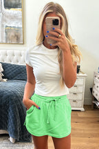 Light Green French Terry Drawstring Elastic Waistband Mini Skort with Pockets- Women