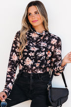 Black Floral Mesh Mock Neck Long Sleeve Slim Fit Top- Women