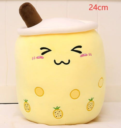 Cute Fruit Drink Plush Stuffed Soft Strawberry Milk Tea Plush Boba Tea Cup Toy Bubble Tea Pillow Cushion Kids Gift Yellow 24CM