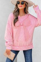 Bright Pink Mineral Wash Big Bow Patchwork Pullover Sweatshirt- Women