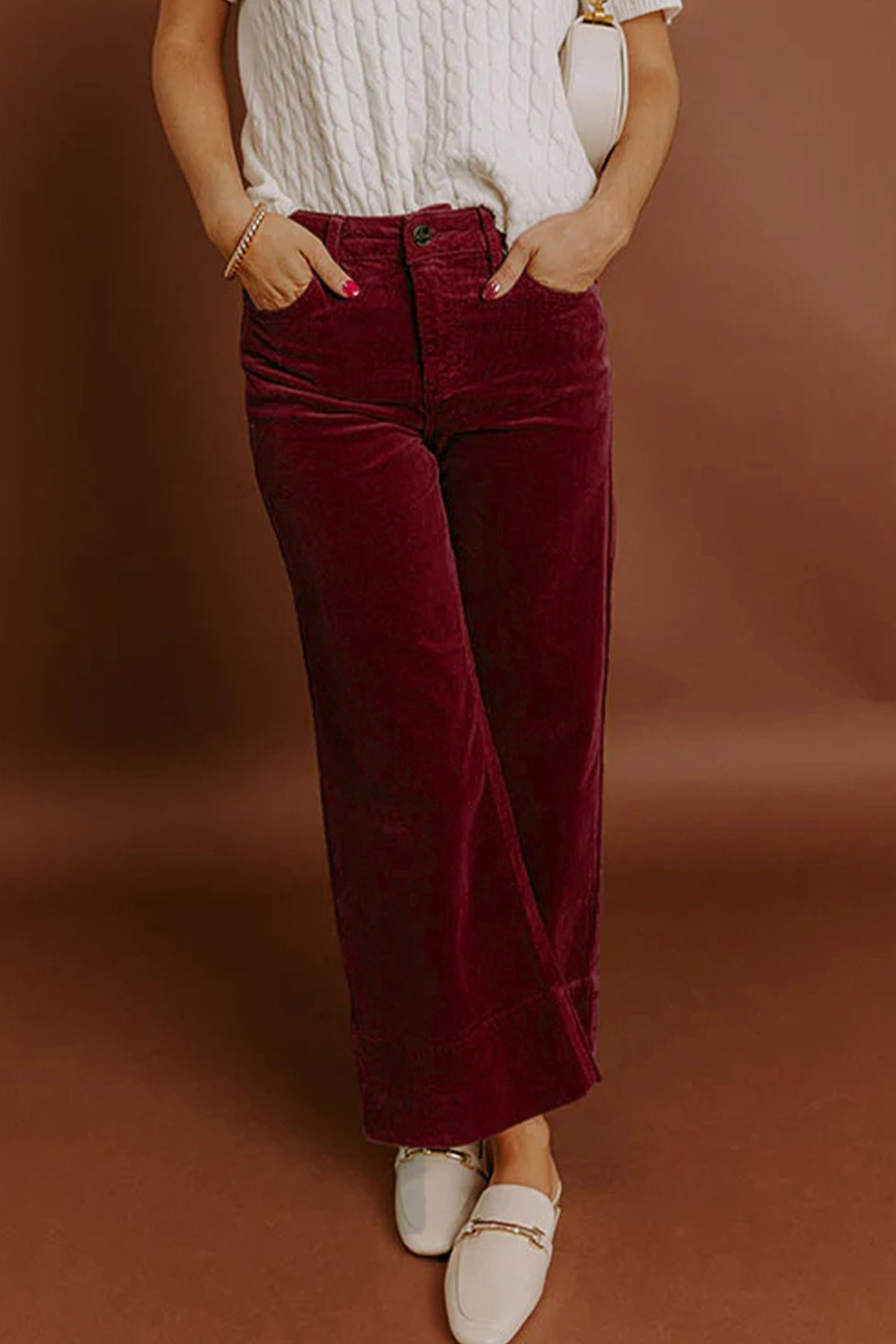 Burgundy Corduroy Solid Color High Waist Wide Leg Pants- Women
