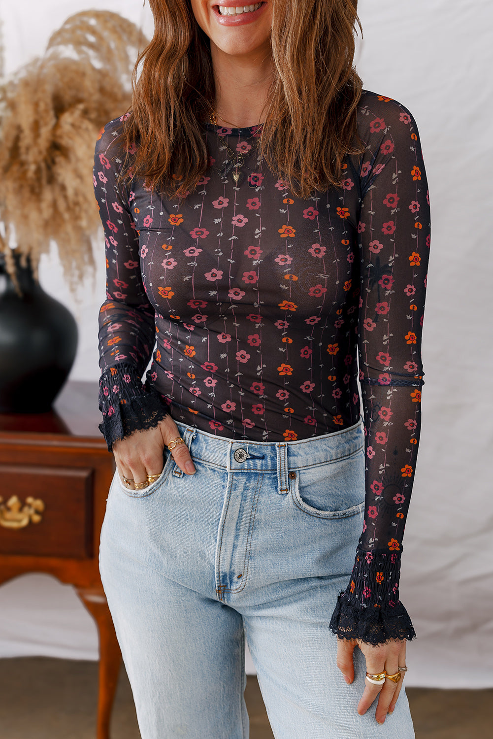 Dear Lover Black Floral Print Smocked Cuff Slim Fit Mesh Bodysuit- Women