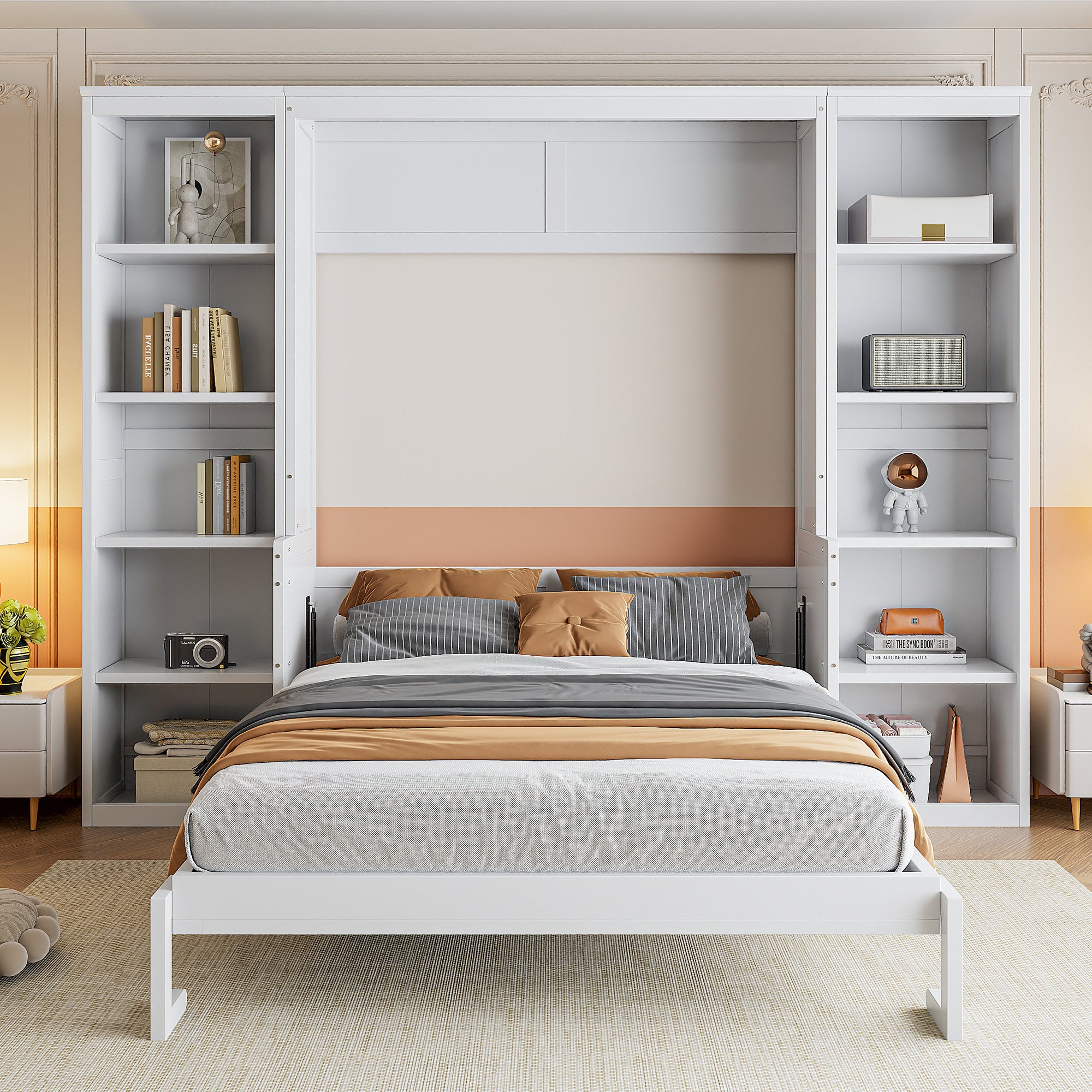 White Full Size Murphy Bed with Desk and Bookshelf, Pine Wood+MDF, 110.3''L x 79.8''W x 82''H