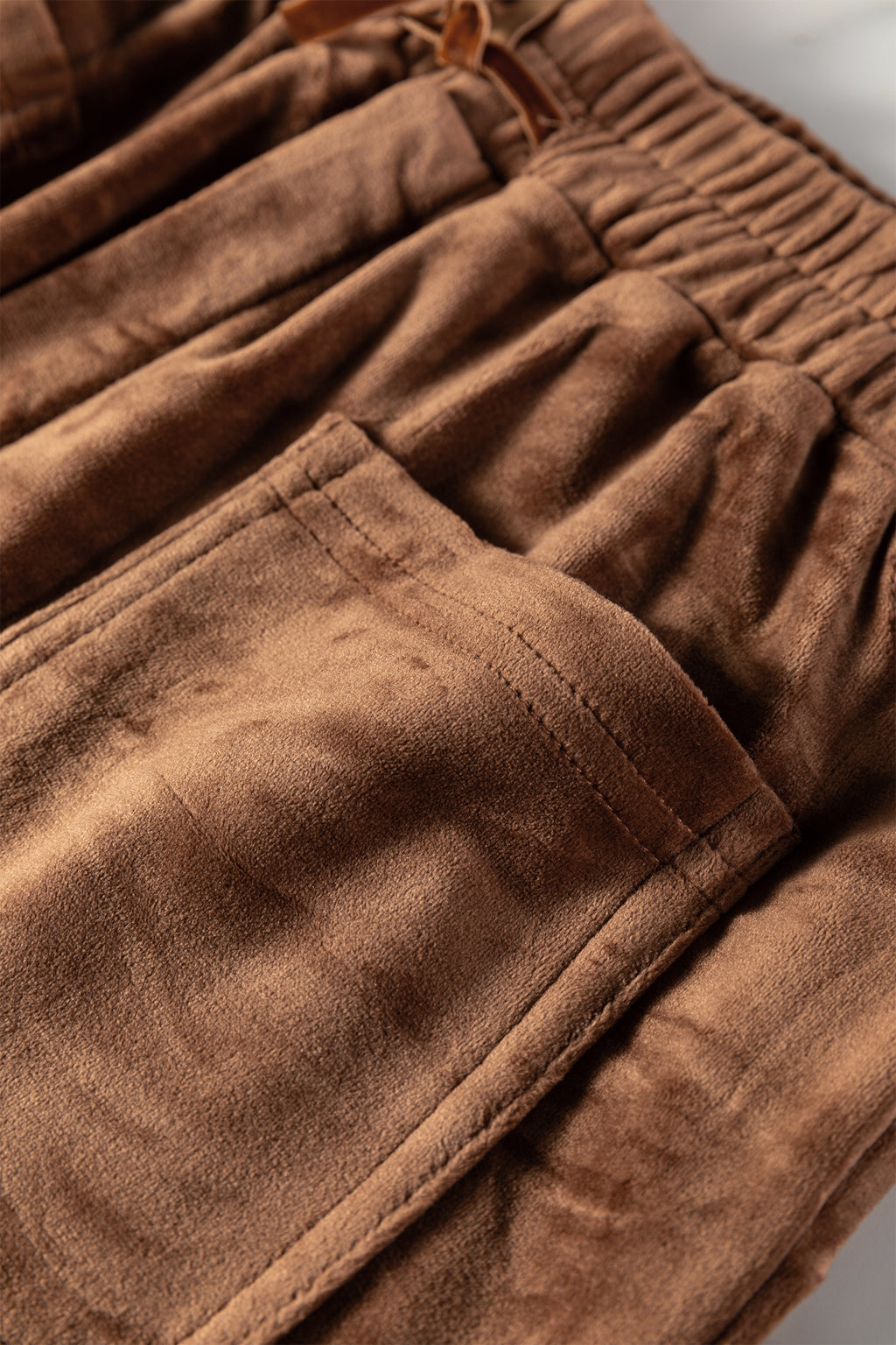 Coffee Straight Loose Drawstring Elastic High Waist Fleece Pants- Women