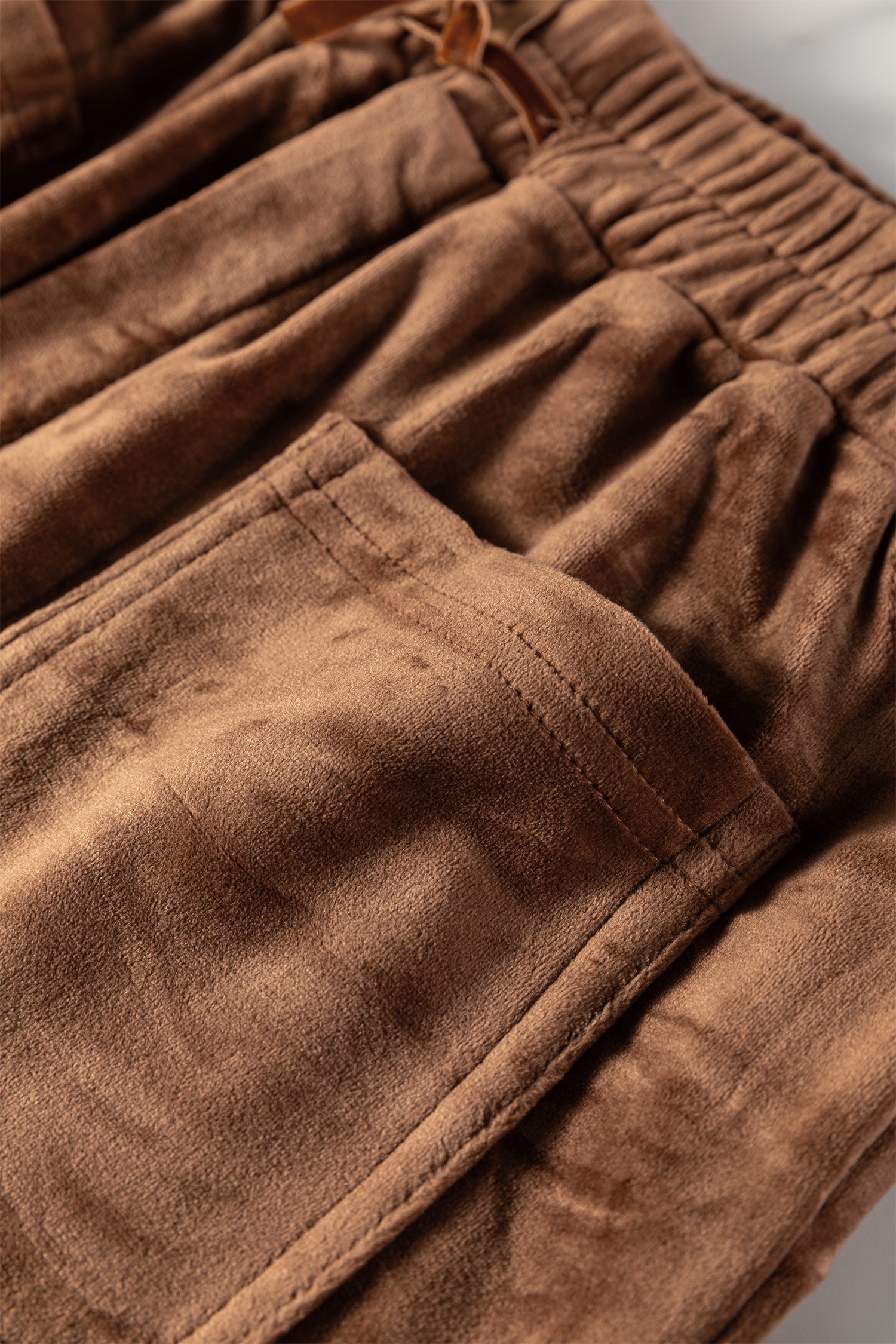 Coffee Straight Loose Drawstring Elastic High Waist Fleece Pants- Women