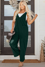 Evergreen Corduroy V Neck Patched Pocket Sleeveless Jumpsuit- Women