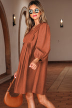 Cinnamon Bracelet Sleeve Split Neck Scallop Detail Pleated Corduroy Mini Dress- Women
