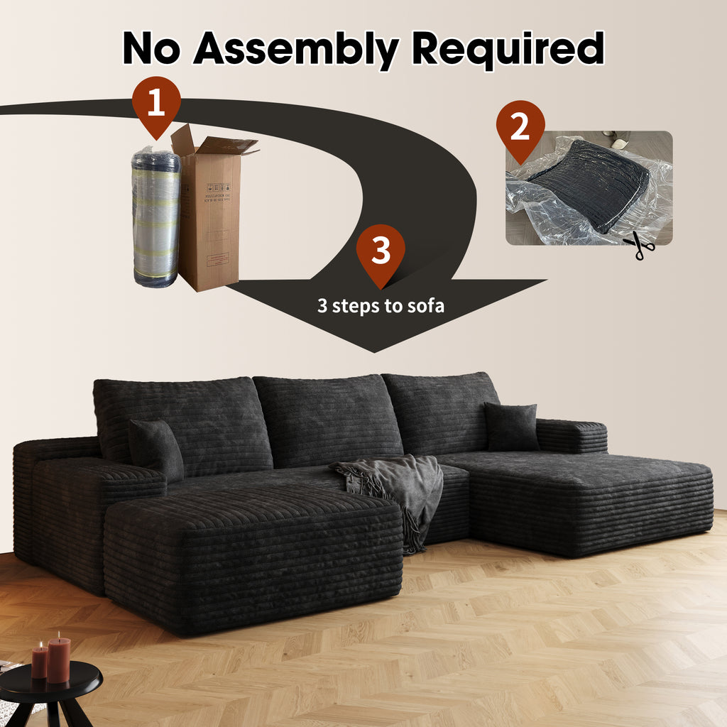 107' Cloud Sectional Sofa with 1 Ottoman,Modern Minimalist Upholstered Couches,Comfort U Shaped Sofa for Living Room,Deep Seat Corner Couch,No Assembly Required,Black (Plush Corduroy Fabric)