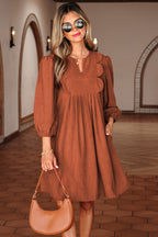 Cinnamon Bracelet Sleeve Split Neck Scallop Detail Pleated Corduroy Mini Dress- Women Cinnamon 100%Polyester