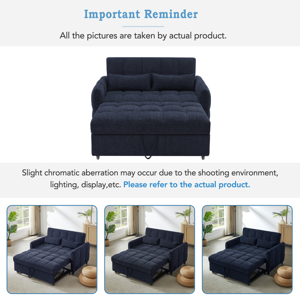Modern Loveseat Sofa Pull-out Bed with Adjustable Backrest, USB Ports, Lumbar Pillows, Blue Chenille, 52.8'
